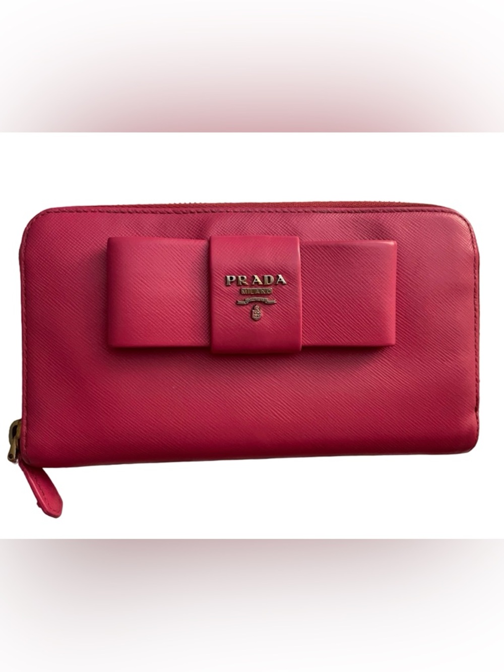 Prada Saffiano Leather Pink Continental Zippy Long Wallet with Bow